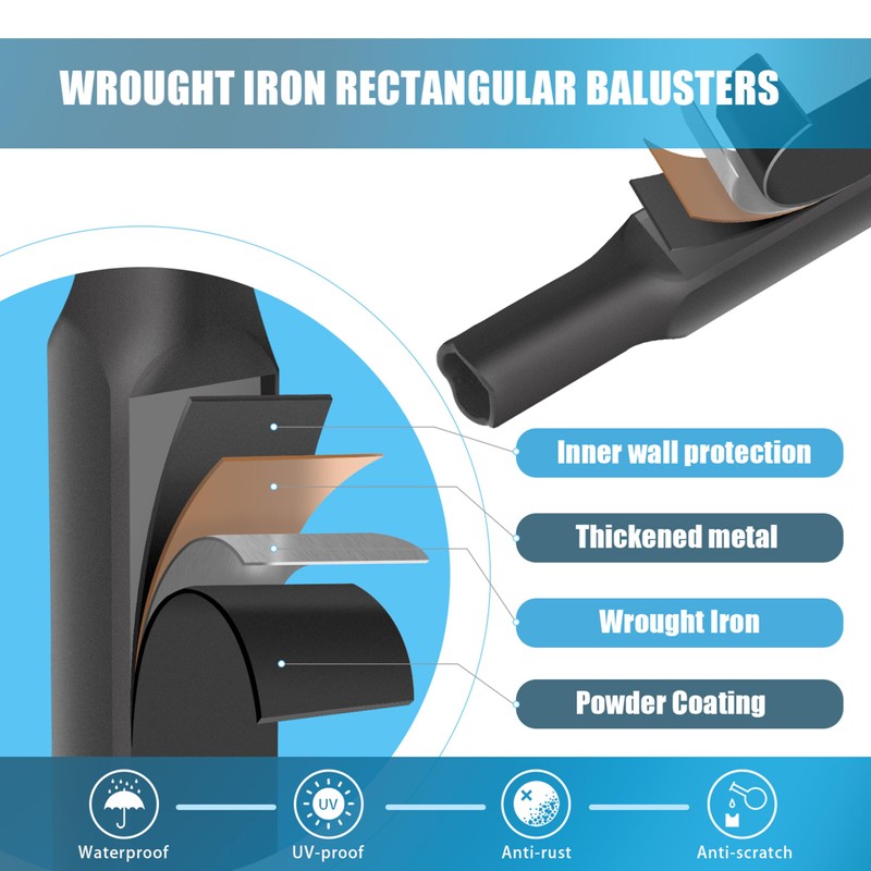1/2 Inch Wrought Iron Rectangular Balusters - Hollow Iron Square
