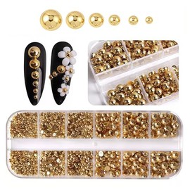 BBATT-HAPPY Gold Nail Charms and Gems for Acrylic Nails, Half Round Flatback Pearls Art Accessories, Jewels for Supplies Craft DIY