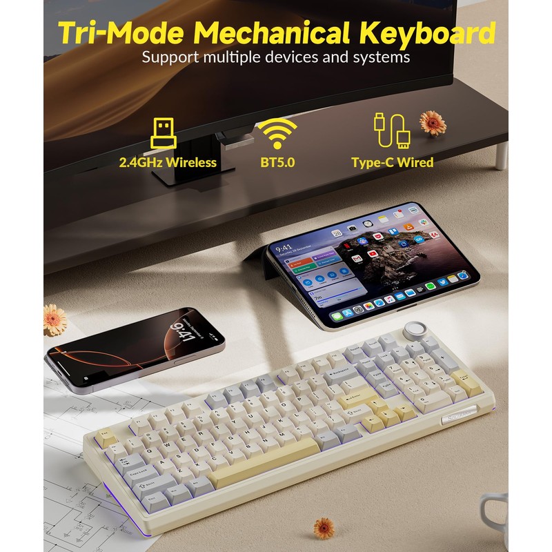SOLAKAKA KI99 Pro 96% Wireless Gaming Keyboard, RGB Creamy Keyboardw