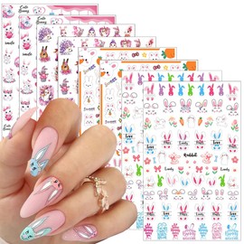 8 Sheets Easter Rabbit Nail Art Stickers Decals,3D Self-Adhesive Nail Art Accessories Cartoons, Rabbits, Animals, Hearts, Flowers,Designs Sticker Lovely Retro Rabbit Manicure DIY Nail Decorations