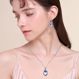 YEPZOKO Crystal Jewelry Sets for Women, Silver/Gold Plated Teardrop Oval Pendant Necklace and Earring Rhinestone Dangling Sets Birthday Anniversary Wedding Mother’s Day Gifts for Women (Blue purple)