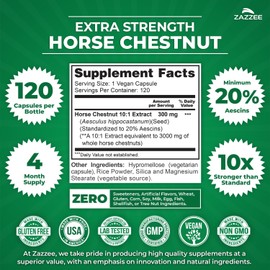 Zazzee Extra Strength Horse Chestnut 10:1 Extract, 20% Aescins, 120 Vegan Capsules, 4 Month Supply, Aesculus Hippocastanum, Healthy Circulation & Blood Flow Support, Non-GMO, Made in the USA