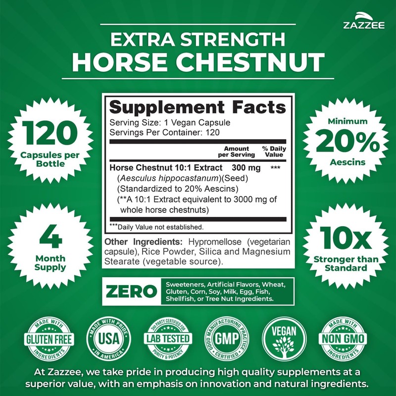 Zazzee Extra Strength Horse Chestnut 10:1 Extract, 20% Aescins, 120