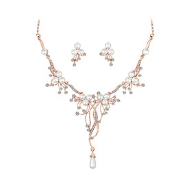 Zolkamery Bridal Jewellery Sets for Women, Crystal Necklace & Stud Earring Set with Pearls, Rose Gold Wedding Jewellery Sets for Brides Bridesmaid, Women's Jewelry for Wedding Evening Birthday