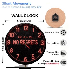 Lancholy 10-Inch Silent Wooden Wall Clock, Vintage Clock Wall Decor Go All in No Regrets Silent Non-Ticking Clock, Battery Operated (AA Batteries Not Included), Artistic Home Decor