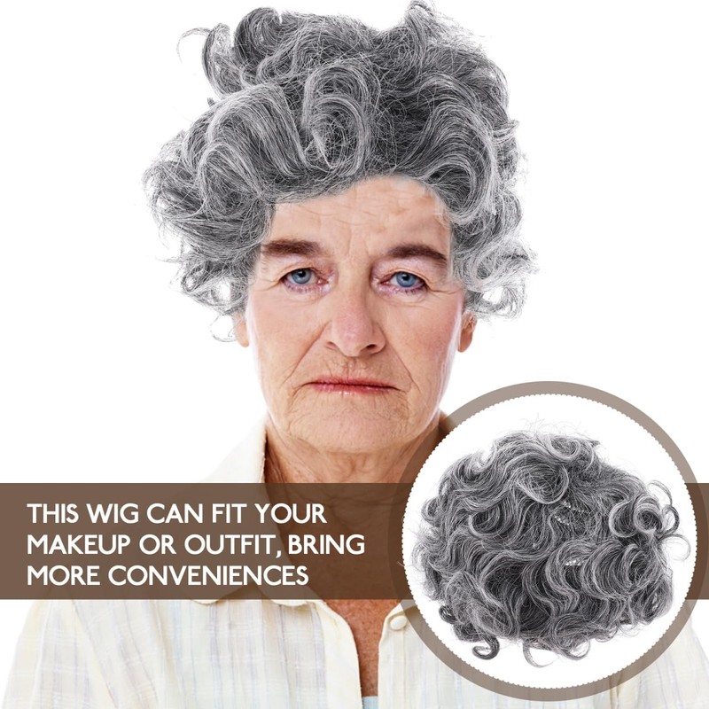 Kisangel Fluffy Grey Wig Old Lady Wig Costume Women Curly