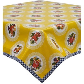 Freckled Sage Doily Yellow Oilcloth Tablecloth with Navy Gingham Trim You Pick The Size 55 x 55 Square