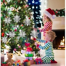 Fehupe 24Pcs Christmas Hanging Snowflake Decorations, 3D Sliver White Snowflakes with Snowflakes Hanging Garland for Christmas Tree Winter Wonderland Holiday Party New Year Home Decoration