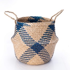 Symmetric Matrix Plant Basket, Seagrass Belly Basket, Stylish Indoor Boho Basket, Versatile Basket Planter or Rattan Planter, Woven Seagrass Baskets for Home Decor - Planter Basket, Blue, Large
