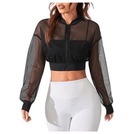Verdusa Women's Mesh Sheer Crop Athletic Jackets Lightweight Long Sleeve Zip Up Jacket Outwear Black Small