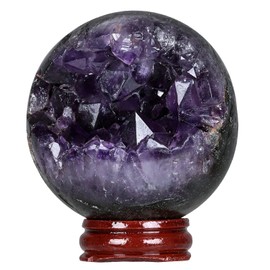 mookaitedecor Amethyst Geode Crystal Ball with Wooden Stand, Feng Shui Stone Sphere Energy Cave for Home Decoration Divination, 2.4-2.76 Inches