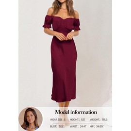 KIRUNDO Women's 2025 Summer Fall Satin Wedding Guest Midi Dress Off The Shoulder Wrap Party Cocktail Formal Prom Dresses(Dark Wine Red, Small)