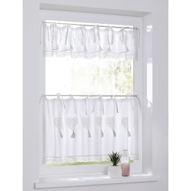 Kutti Net Curtain Bistro Curtain Panneaux Country House Camille White Heart Crochet Lace Cotton Ties 120 x 25 cm