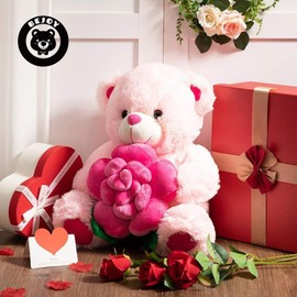 BEJOY Teddy Bear Stuffed Animals Plush Bear Holding Rose Soft Plush Toy Gifts 16 inches Pink