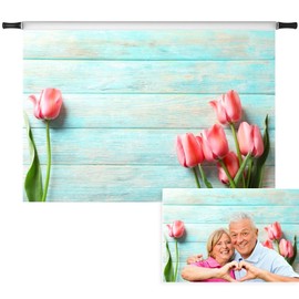 Vie Savaran 7x5ft Pink Tulip Floral Backdrop, Spring Flowers Blomming on Blue Wooden Plank Photography Background for Engagement Wedding Bridal Shower Birthday Proposal Portraits Home Wall Decoration