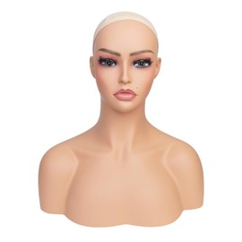 STUDIO LIMITED Realistic PVC Mannequin Head with Shoulders Upper Body Female Manikin Head Bust Makeup&eyelashes Display for wigs, hats, scarves, jewerly