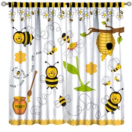 Honey Bee Curtains, Fluttering Bees Daisy Honey Pollen Spring Animal Print, Living Room Kitchen Cafe Decorative Curtains, 2 Panel Set, 42x63 in. Yellow White