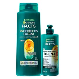 Garnier Fructis Probióticos Fuerza, Rutina en 2 Pasos que Fortalece tu Cabello Desde la Raíz, Shampoo 2 en 1, 650 ml + Crema Para Peinar 10 en 1, 300 ml