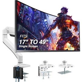 AVLT Single 17"-49" Super Ultrawide Monitor Arm for Screens Up to 50 lbs, Premium Aluminum Desk Stand, Adjustable Pneumatic Height, Full Motion Swivel Tilt Rotation, USB 3.0 & AUX Ports, White