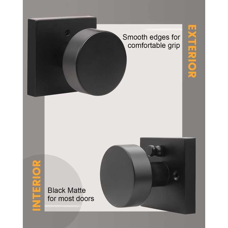 Gobrico Matte Black Privacy Door Knobs with Square Rosette(3 Pack),