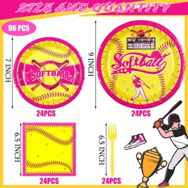 Yiyiring 96 Pcs Softball Party Supplies for Girls Softball Party Tableware Softball Party Decorations Plates Napkins Forks Set Softball Birthday Disposable Sports Tableware Kit Women 24 Guests