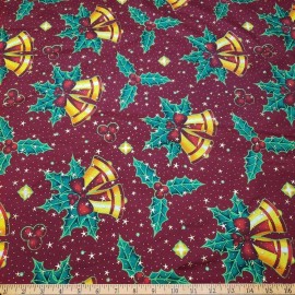 Christmas Bells, Holly Mistletoes, Gold Metallic Stars & Dots Poly Cotton Woven