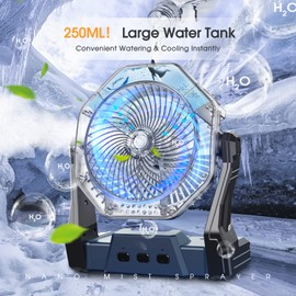 Ausic Misting Fan Portable, 20000mAh Camping Spray Fan with 250ml Water Tank & Light, 8 Inch Battery Operated Rechargeable Fan, Cooling Fan with Hook, Outdoor Fans for Patios, Tents, Travel, Beach