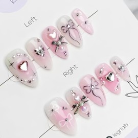 Pink Press on Nails Medium Almond Fake Nails with Bow Heart Rhinestones Designs False Nails 3D Pearl Bow Knot Charms Artificial Nails Glue on Nails Cute Acrylic Nails Stick on Nails for Women DIY