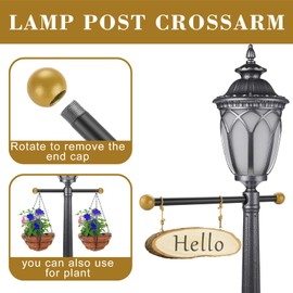 Canomo 22 Inch Improved Lamp Post Cross Arm Ladder Rest with 1-3/8 Inches Threaded Metal Ball Cap for Outdoor Lamp Posts and Poles, Black Bar with Brass Caps