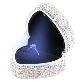 Naimo Full Rhinestone Heart Shaped Ring Box Velvet Holder Jewelry Box Organizer Display Case with LED Light for Proposal Engagement Wedding Birthday Gift