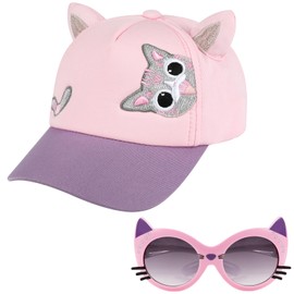 Girls Baseball Cap Kids Sunglasses Set,Adjustable Sun Hat Sequin Cat Ear Hat Cute Toddler Cap for Girls Ages 3-10Y Pink