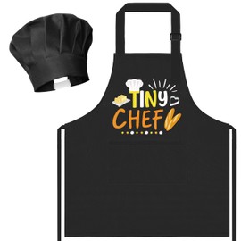R HORSE Kid Apron and Chef Hat Set - 2Pcs Black Tiny Chef Adjustable Children Kitchen Toddler Apron with Pockets for Kids, Funny Dress up Pretend Play Toy Birthday Gift for Boy Cooking Baking Painting