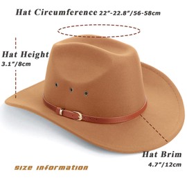 DRESHOW Cowboy Hat for Women and Men Cattleman Western Retro Fedora Felt Hats Outdoor Wide Brim Cowgirl Hat with Buckle Belt Unisex Rolled up Caps