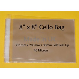 Pack of 200 - 8" x 8" Mounted Photograph Cellophane Display Bags Self Seal - Cello Size 211mm x 203mm + 30mm Flap - 40 Micron