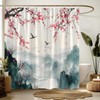 Cherry Blossom Mountain Shower Curtain,Pink Floral Misty Forest Asian Japanese