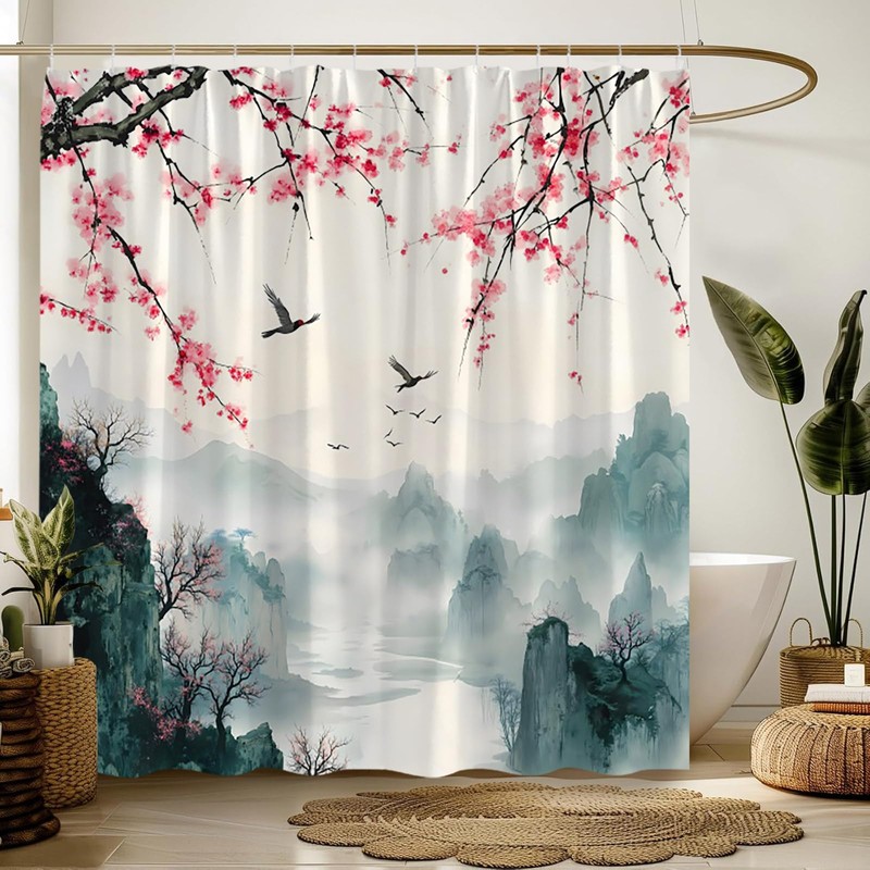 Cherry Blossom Mountain Shower Curtain,Pink Floral Misty Forest Asian Japanese