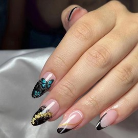 Almond False Nails Short, 24Pcs Black Gradient French Fake Nails Butterfly Pattern Design, Glossy Press on Nails with Nails Glue Stickers, Stiletto Acrylic Stick on Nails for Women and Girls