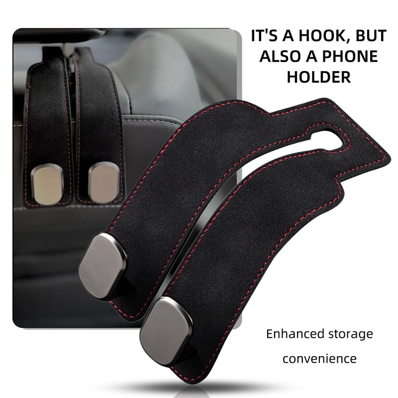 2PCS Black Car Seat Back Leather Hooks, Universal 2-in-1 Storage
