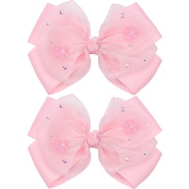 KISZU 4.5 Inch Flower Hair Bow Clips, Organza Bows with Pearls Big Hair Accessories for Baby Girls Kids Children Teens and Women (Pink)