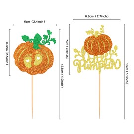 Ercadio - Paquete de 24 adornos para cupcakes de calabaza con purpurina naranja para cosecha de otoño, calabaza, cupcakes, adornos para tartas de calabaza para el día de Acción de Gracias, cumpleaños, baby shower, fiestas, suministros para decoración de 