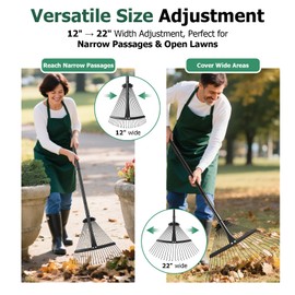Extra Wide 22-Tines Adjustable Leaf Rake & Leaf Scoops Set, 12"-22" Width Adjustable Metal Garden Lawn Rake for Leaves, Heavy Duty & Lightweight for Flower Bed/Under Shrub/Pine Needle & Narrow Space