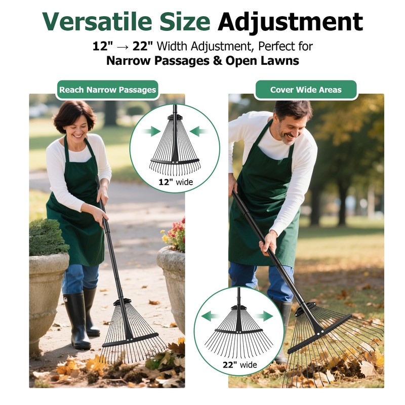 Extra Wide 22-Tines Adjustable Leaf Rake & Leaf Scoops Set,