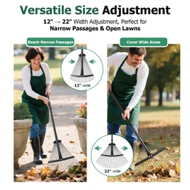 Extra Wide 22-Tines Adjustable Leaf Rake & Leaf Scoops Set, 12"-22" Width Adjustable Metal Garden Lawn Rake for Leaves, Heavy Duty & Lightweight for Flower Bed/Under Shrub/Pine Needle & Narrow Space