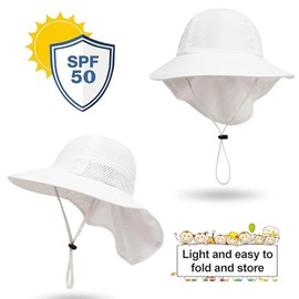 Kids Sun Hat with Neck Flap UPF 50+ Infant Toddler Boys Girls Baby Newborn Sun Protection Cap Beach Pool Outdoor Winter Hat White