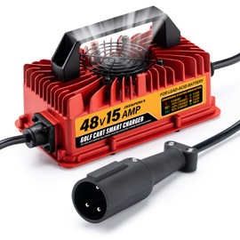48 Volt Golf Cart Battery Charger, 15 AMP 48V Smart Golf Cart Charger for Club Car with 3-Pin Round Plug, 48v Golf Cart Charger for Lead Acid Battery, Fast Charging with LED Indicators & Protections