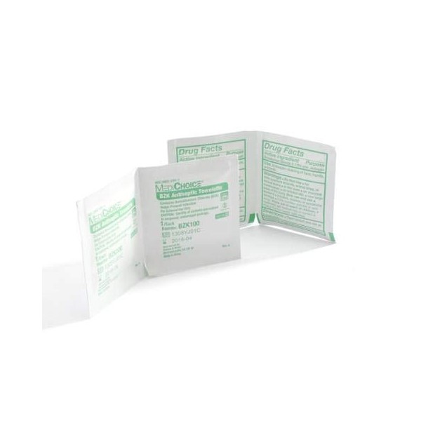 MediChoice BZK Antiseptic Towelettes, Non-Toxic, Sterile, Benzalkonium Chloride, 5x8 Inch, 1314BZK100 (Case of 1000)
