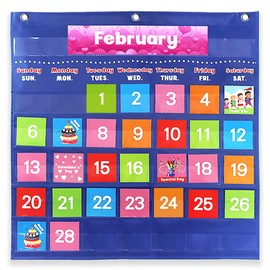 Large Classroom Calendar Pocket Chart with 88 Colorful cards-Durable Nylon Learning Calendar for Kids,Teachers-25 x 24 Inch Blue Organizer