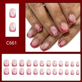 Vopintpy Christmas White Snowflake Press on Nails Short Square Fake Nails Glitter Red French Tip Glue on Nails Glossy Winter Xmas Acrylic Nails with Stick on Nails for Women