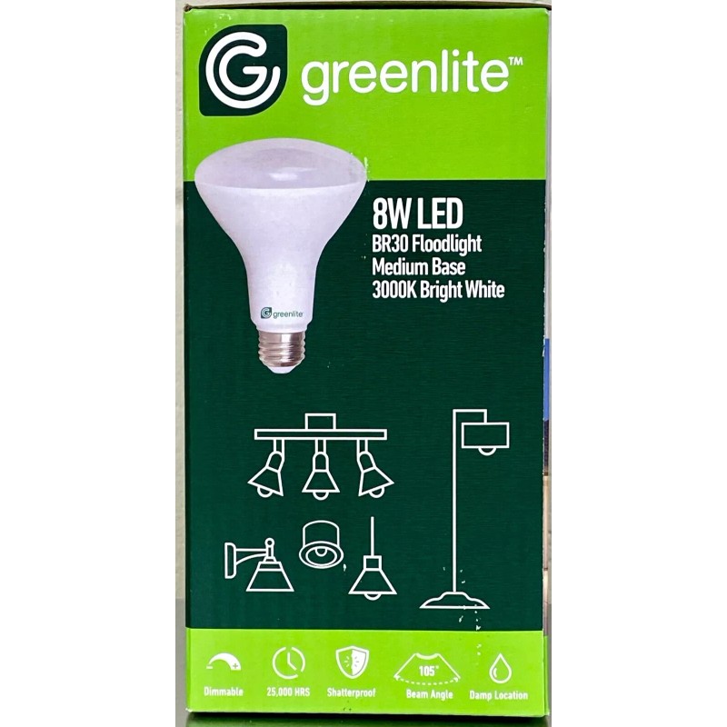 Greenlite 4x NEW Floodlights BR30 Light Bulbs 8w LED 65w