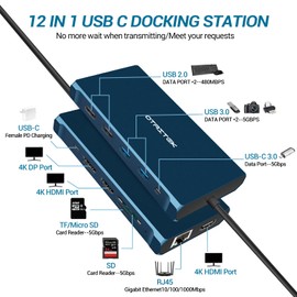 USB C Docking Station, OTAITEK 12 in 1 USB C Hub Triple Display with Dual 4K HDMI,DP, 4 USB, PD, Ethernet, SD/TF, 3.5mm Audio, Laptop Docking Station for MacBook/Dell/Surface/HP